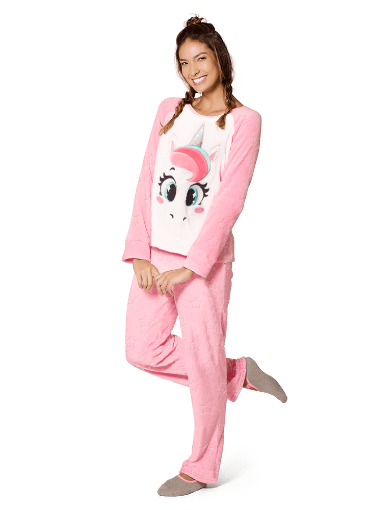 Pijama feminino manga longa unicornio branco e rosa