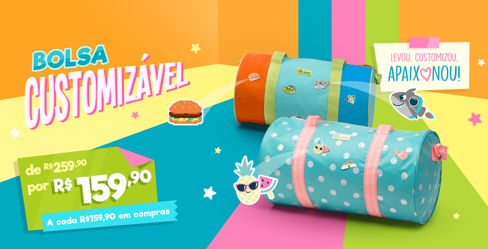 Bolsa customizável com desconto incrível de R$ 259,90 por R$ 159,90. A cada R$ 179,90 em compras