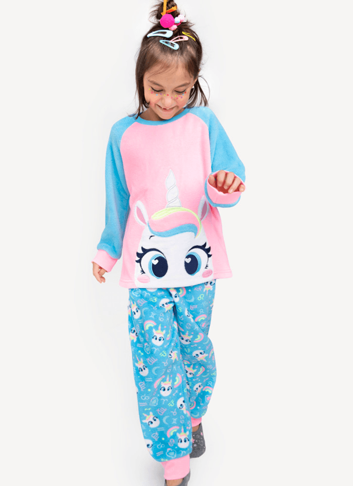 Pijama Menina Manga Longa Unicórnio Rosa e Azul