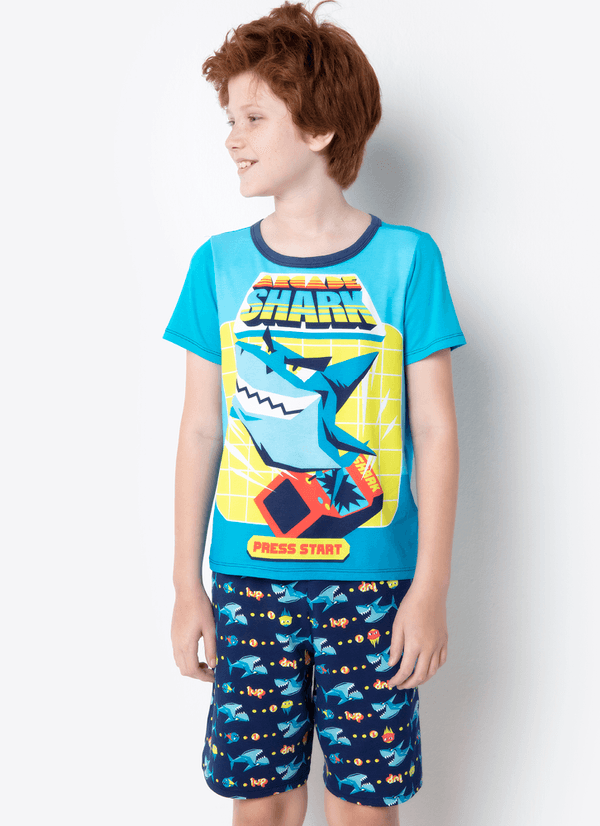 Pijama Manga Curta Menino Viscolycra Tubarão Gamer 2