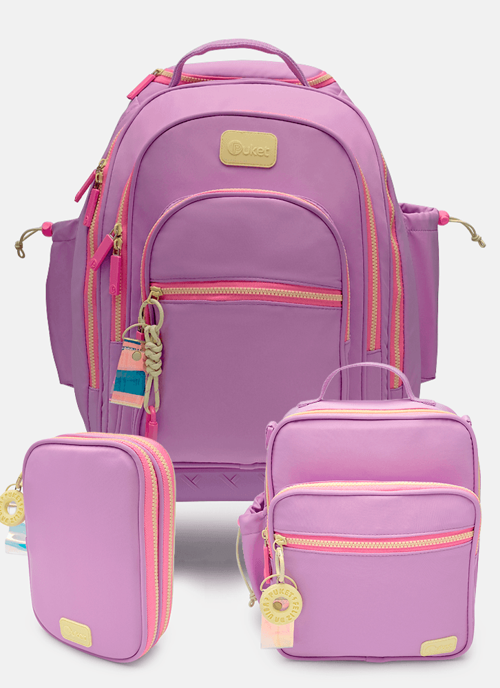 Kit Mochila com Rodinha 360, Estojo e Lancheira Lilás