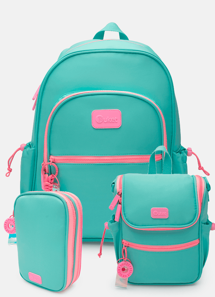 Kit Mochila Costas, Estojo e Lancheira Verde Água