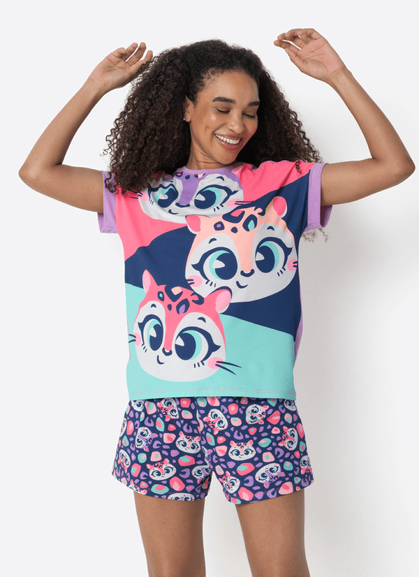 Pijama Manga Curta Feminino Onça P