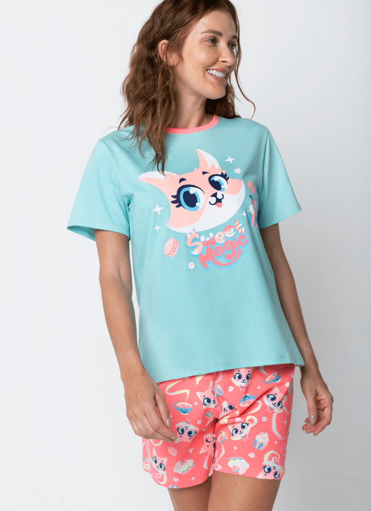 Pijama Manga Curta Algodão Feminino Raposa Confeiteira