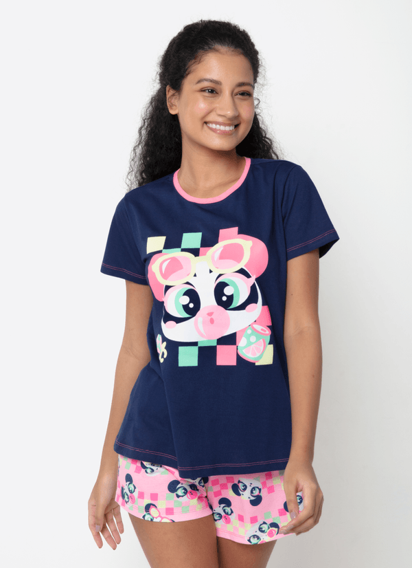 Pijama Manga Curta Algodão Feminino Panda Miami G