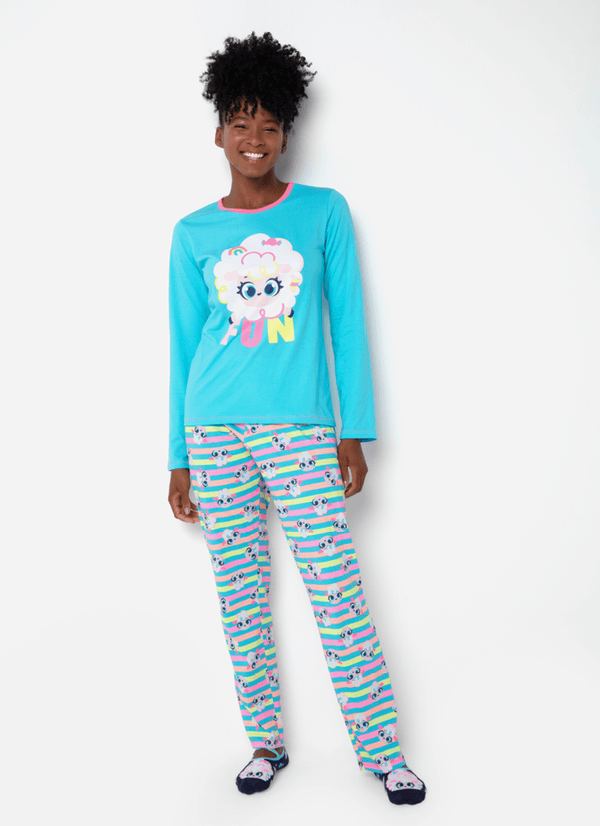 Pijama Manga Longa Algodão Feminino Ovelha GG