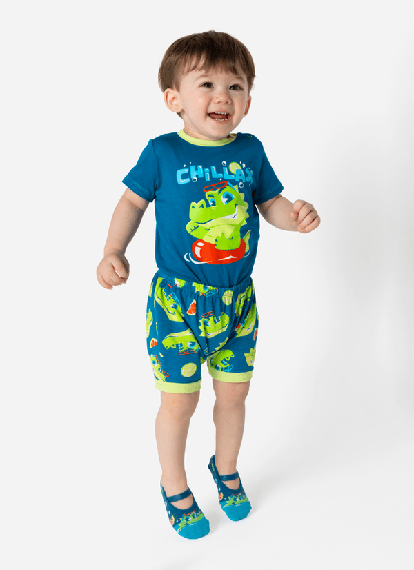 Pijama Manga Curta Viscolycra Bebê Menino Jacaré Relax 6 A 9 MESES