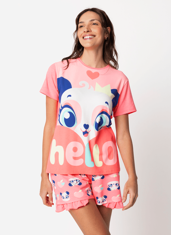 Pijama Manga Curta Viscolycra Feminino Panda Romântico PP