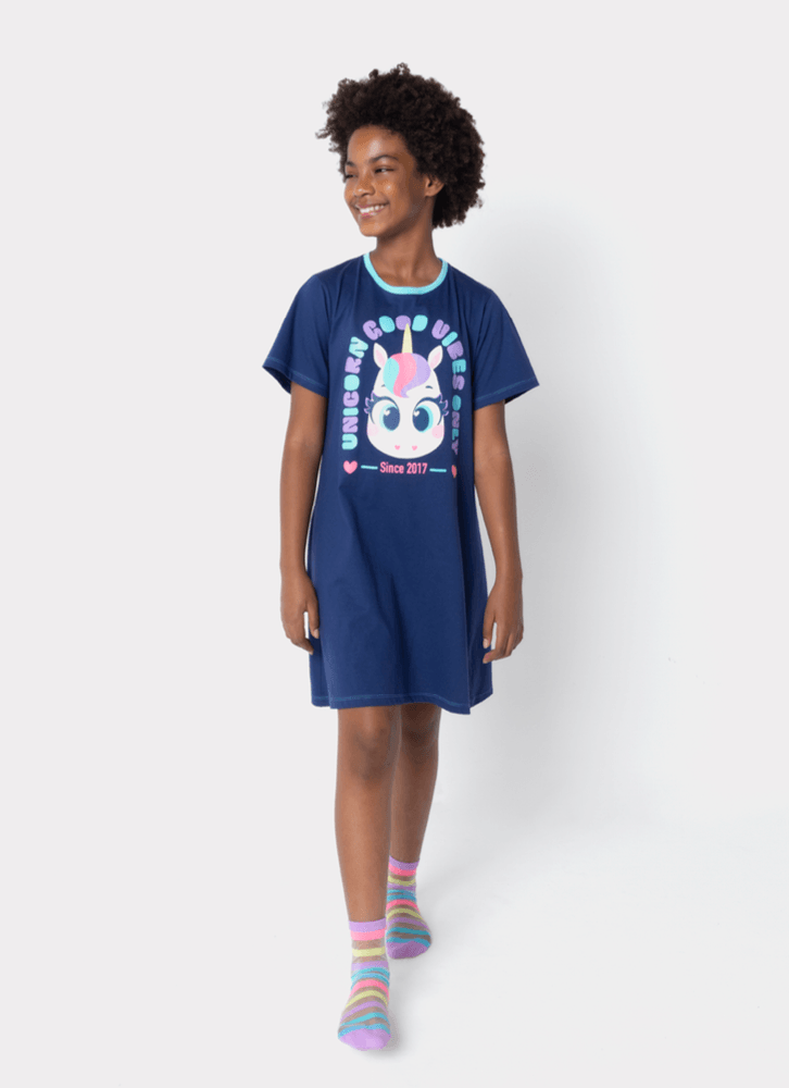 Camisola Manga Curta Algodão Menina Teen Unicórnio