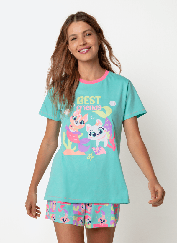 Pijama Manga Curta Algodão Feminino Pet Sereia GG