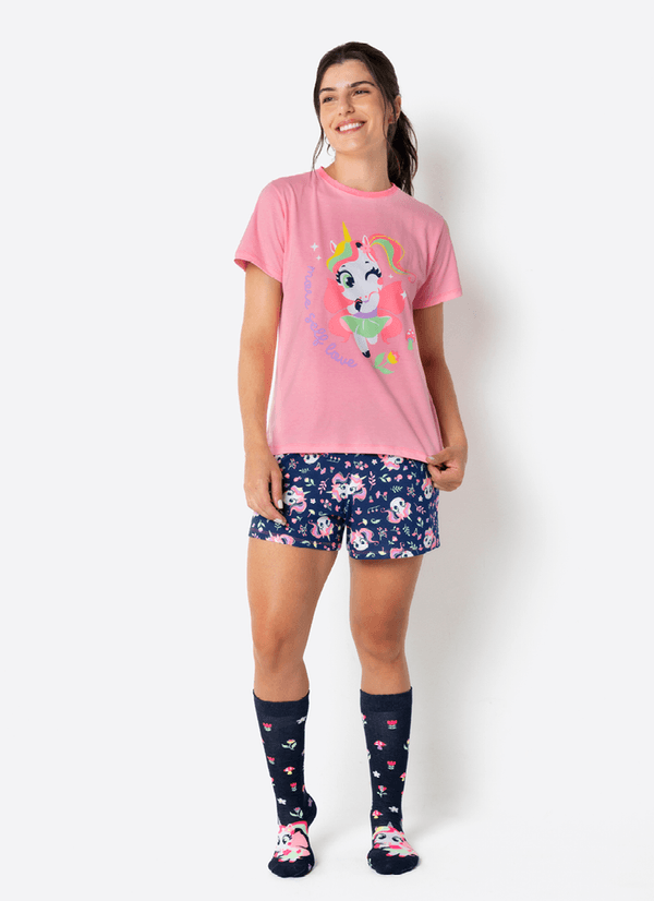 Pijama Manga Curta Feminino Unicórnio Encantado G