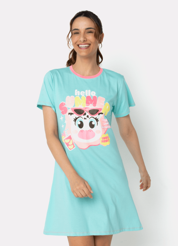 Camisola Manga Curta Algodão Feminina Vaca Summer