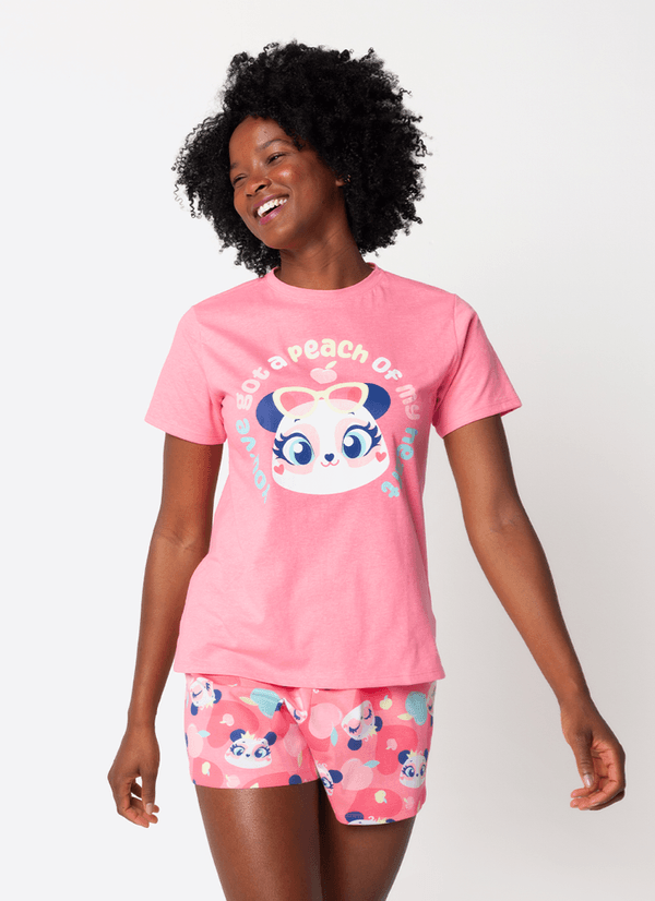 Pijama Manga Curta Feminino Panda Romântico M