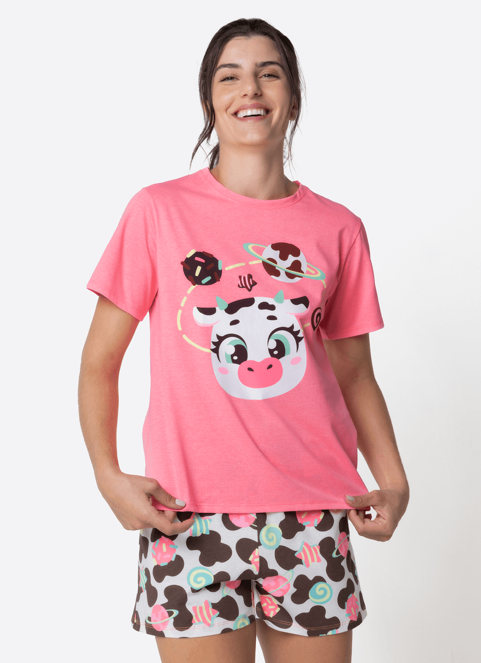 Pijama Manga Curta Feminino Vaca Chocolate