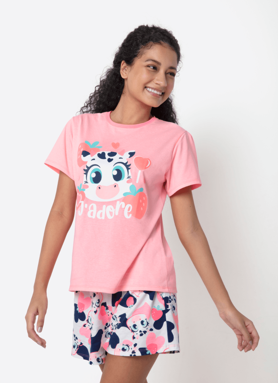 Pijama Manga Curta Feminino Vaca Romântica