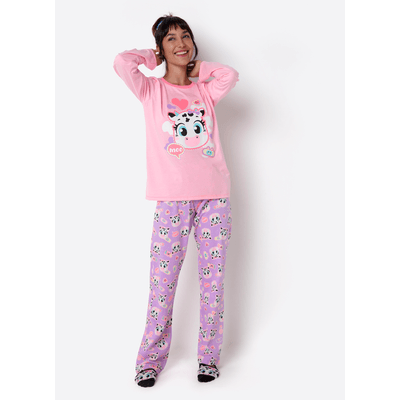 Pijama Manga Longa Feminino Vaca Patches