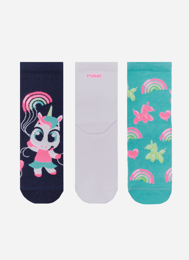 Kit com 3 Meias Soquete Menina Unicórnio Arco-íris