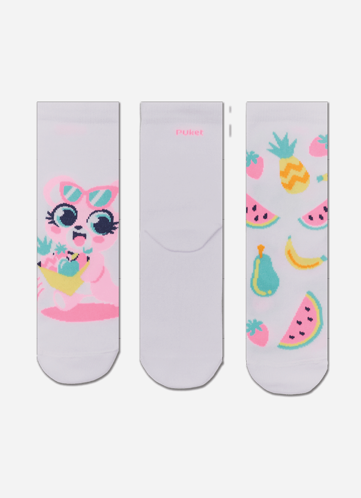 Kit com 3 Meias Soquete Menina Urso Frutas