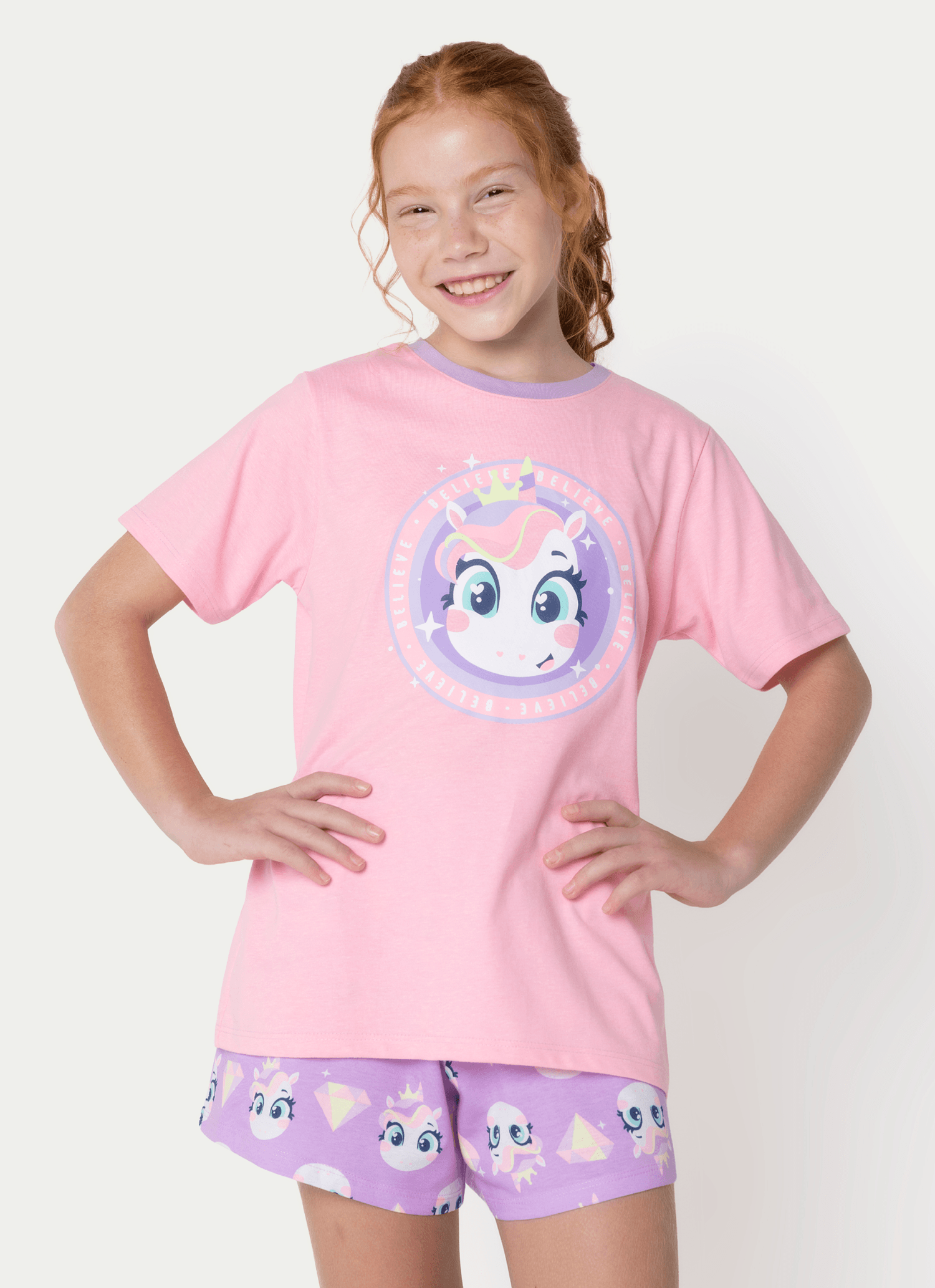 Pijama Manga Curta Menina Teen Unicórnio Diamante