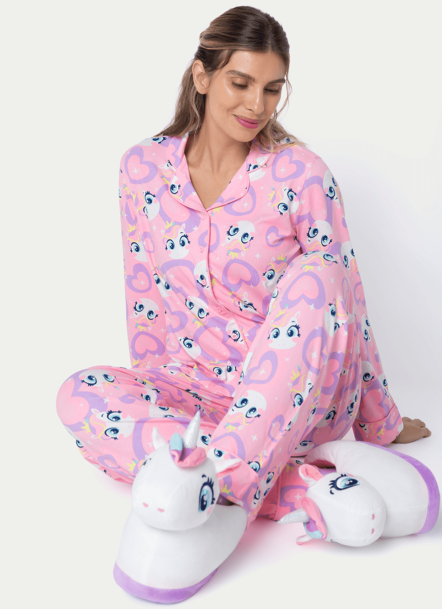 Pijama Manga Longa Viscose Feminino Unicórnio Diamante