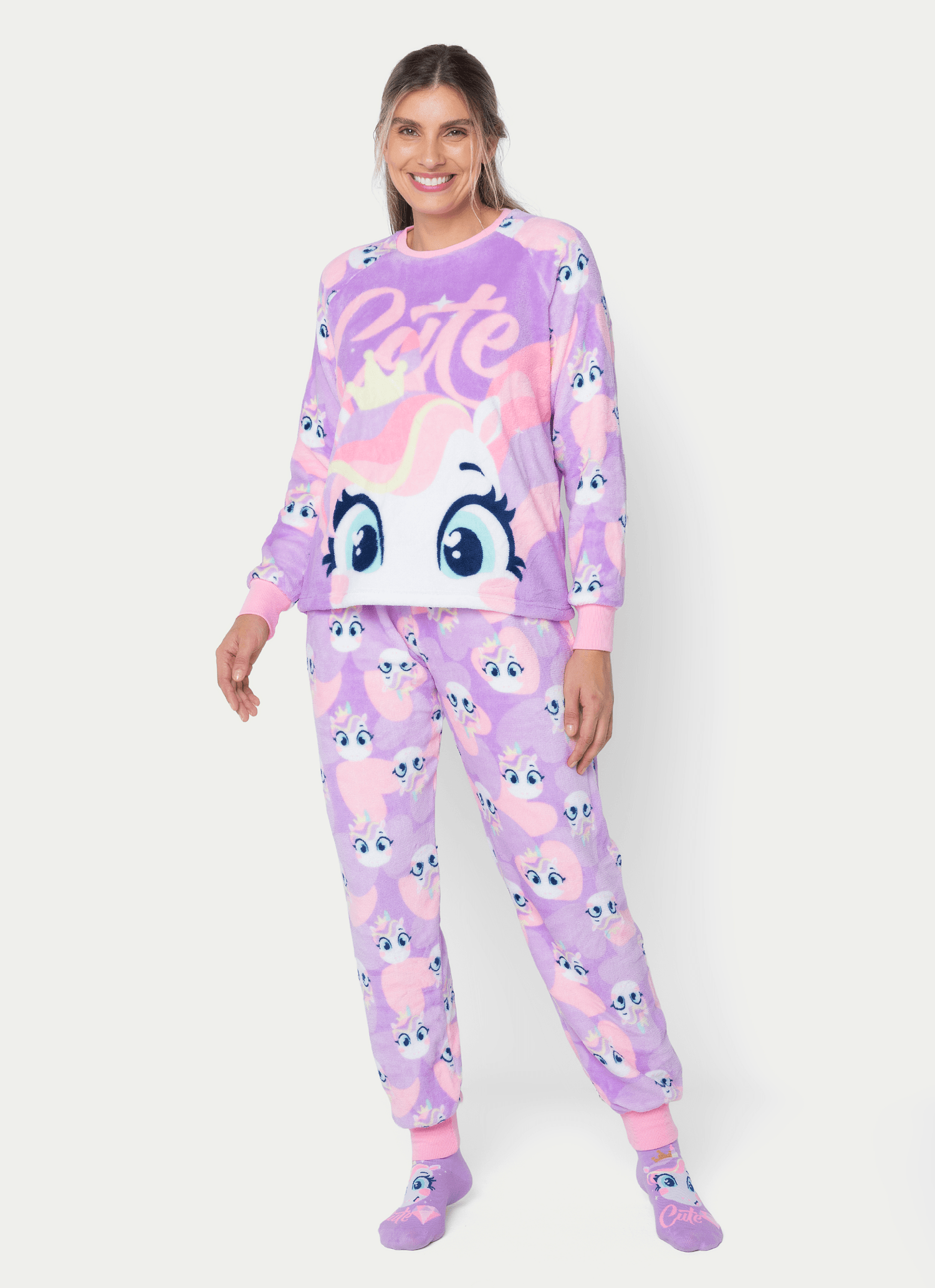 Pijama Manga Longa Soft Feminino Unicórnio Diamante