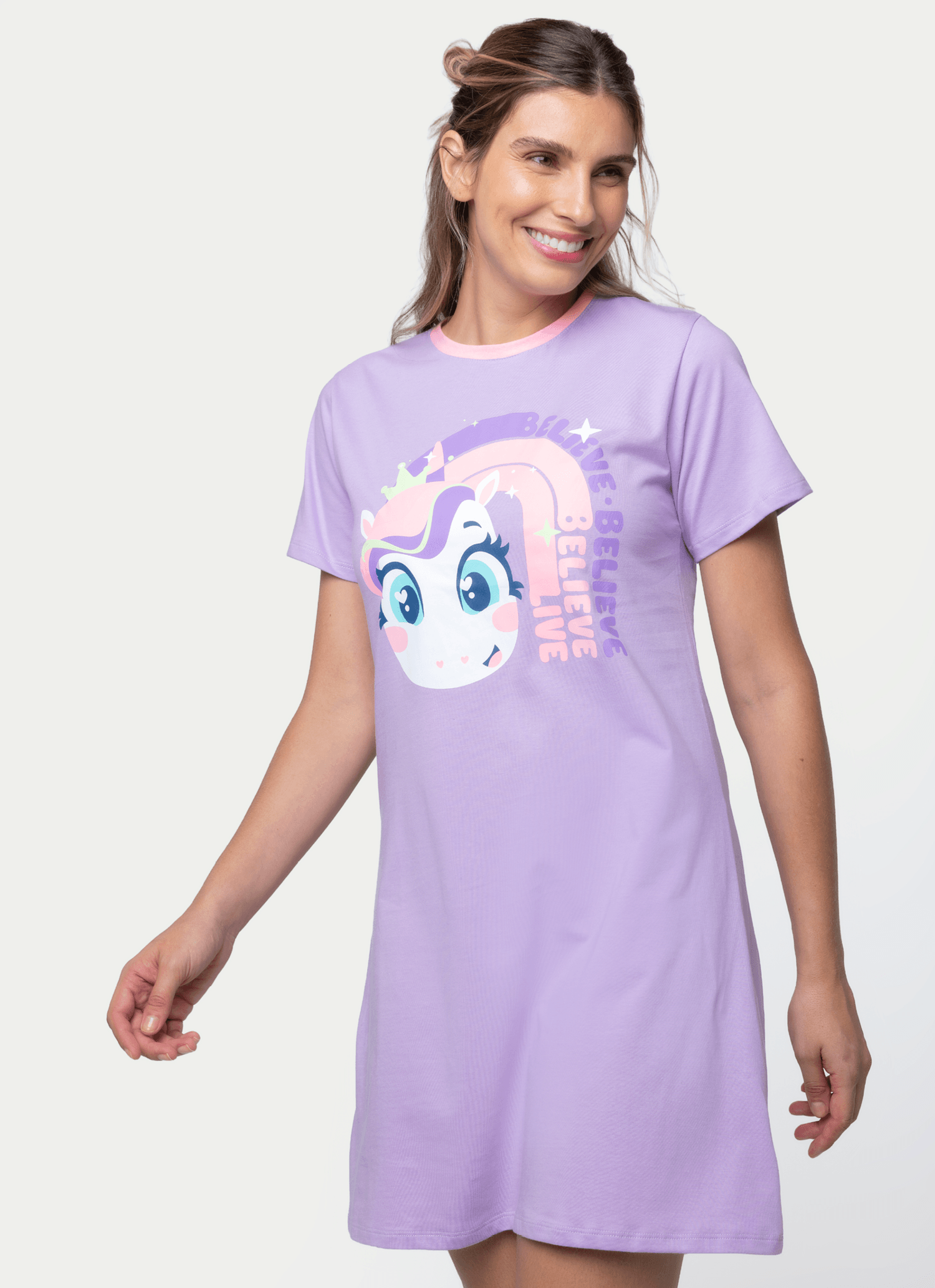 Camisola Manga Curta Algodão Feminina Unicórnio Diamante