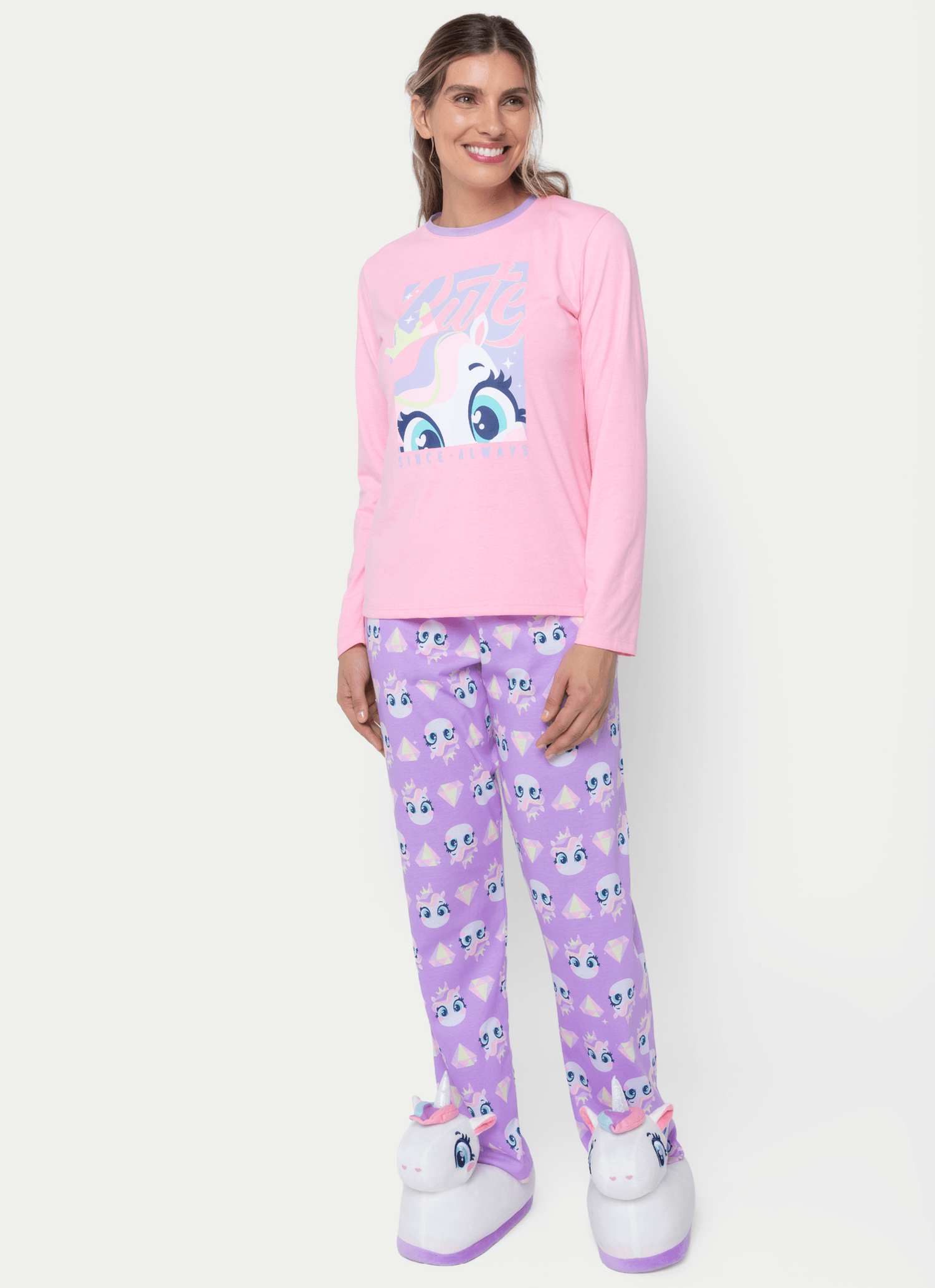 Pijama Manga Longa Feminino Unicórnio Diamante