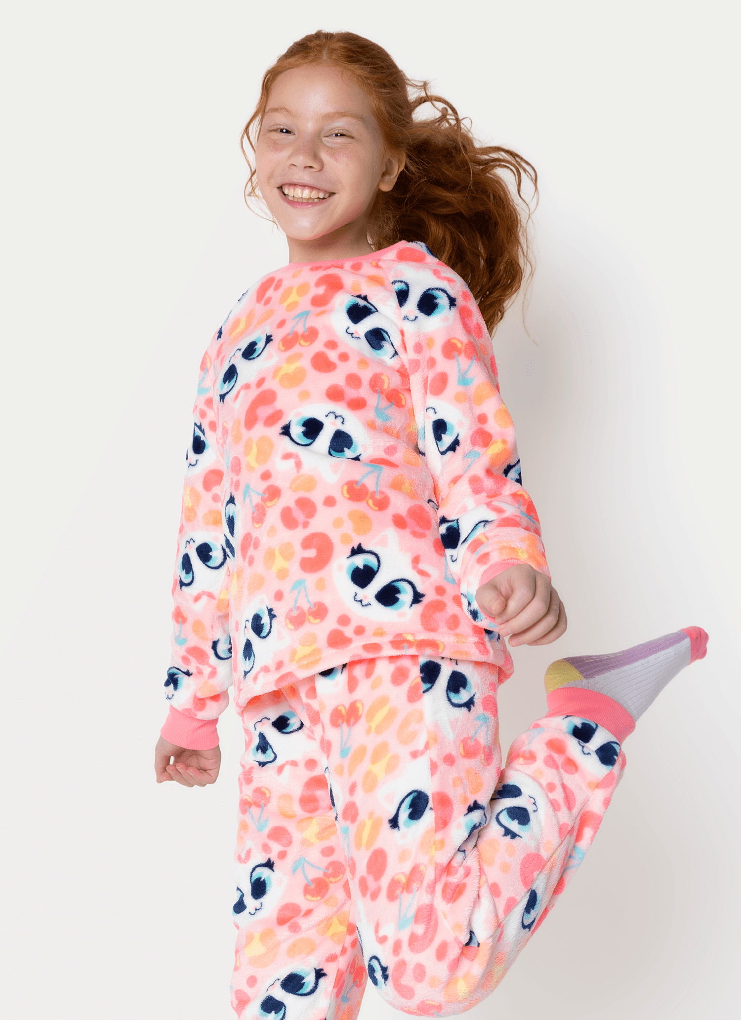Pijama Manga Longa Soft Menina Teen Gata Cereja