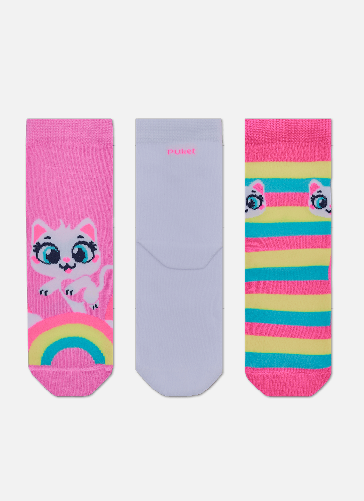 Kit com 3 Meias Cano Micro Menina Gata Arco-íris