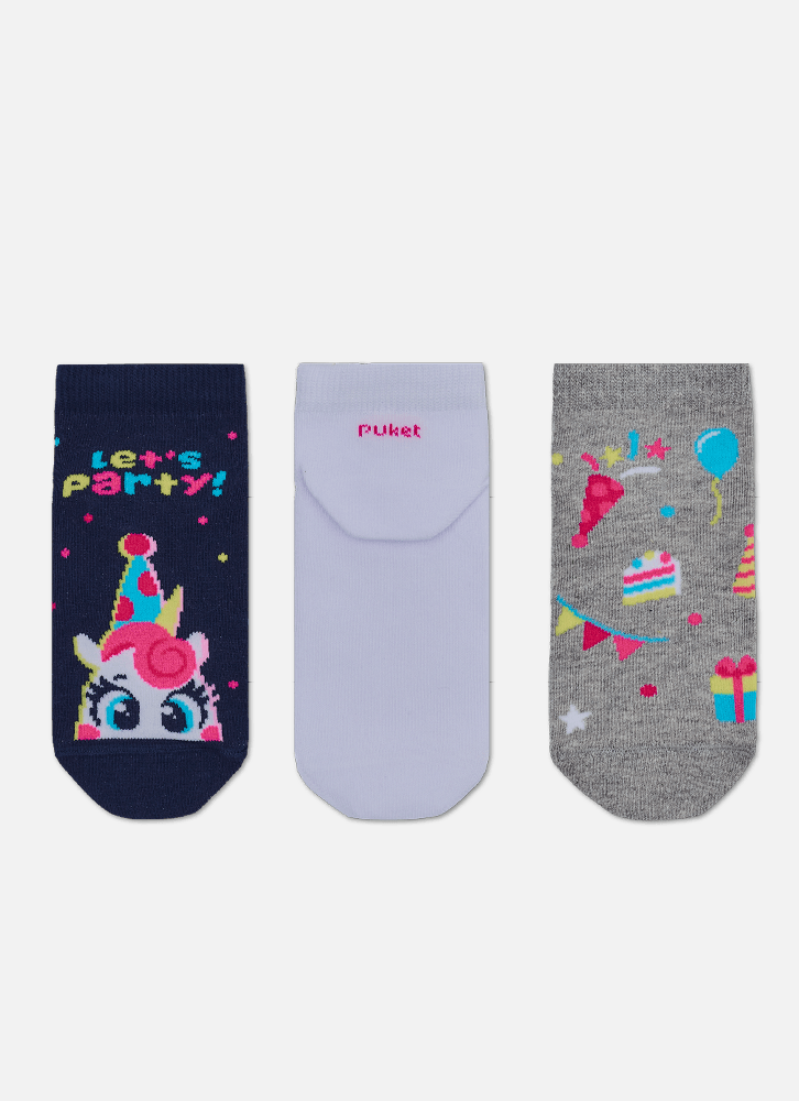 Kit com 3 Meias Cano Micro Menina Unicórnio Festa