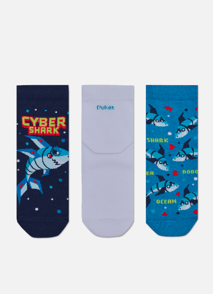 Kit com 3 Meias Cano Micro Menino Teen Tubarão Robô