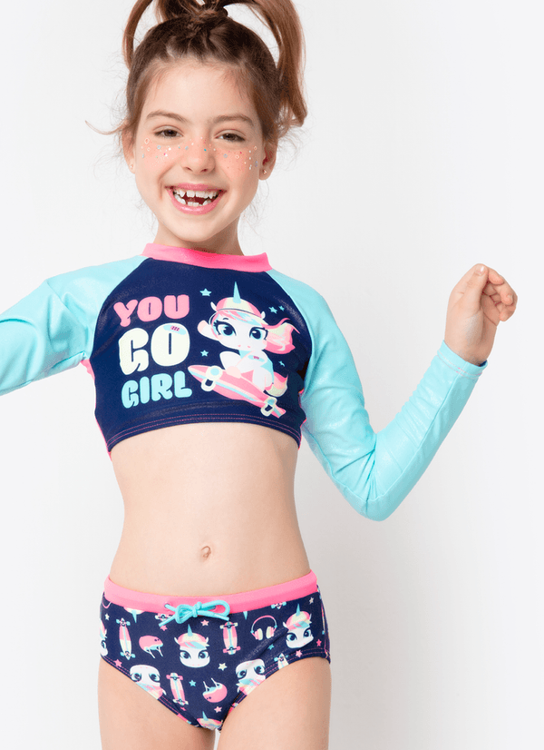 Conjunto Cropped e Calcinha com Proteção Solar Menina Unicórnio Skate 1