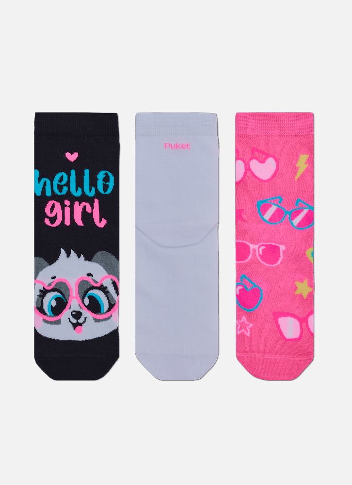 Kit com 3 Meias Soquete Feminina Panda Óculos