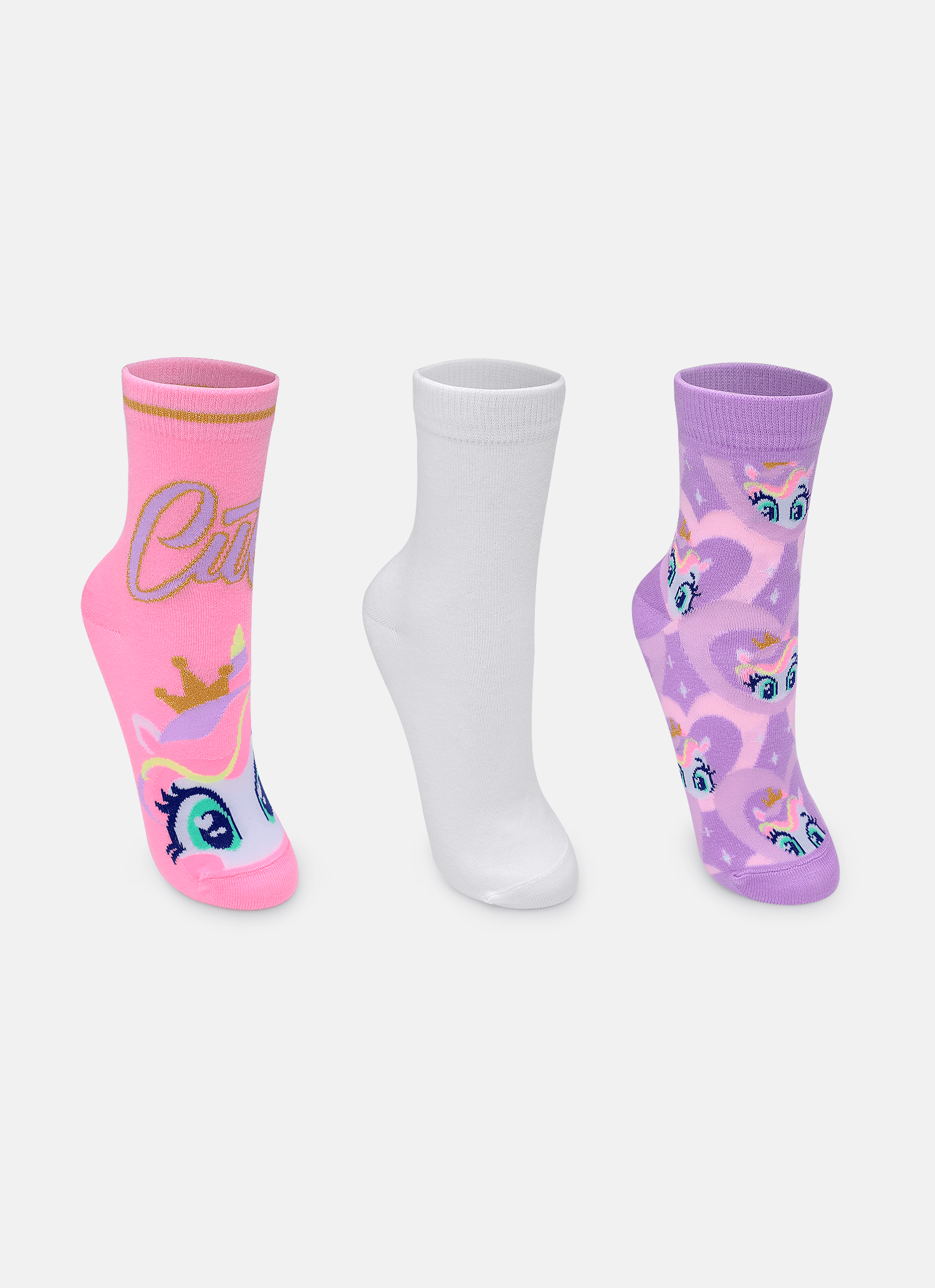 Kit com 3 Meias Soquete Feminino Unicórnio Diamante