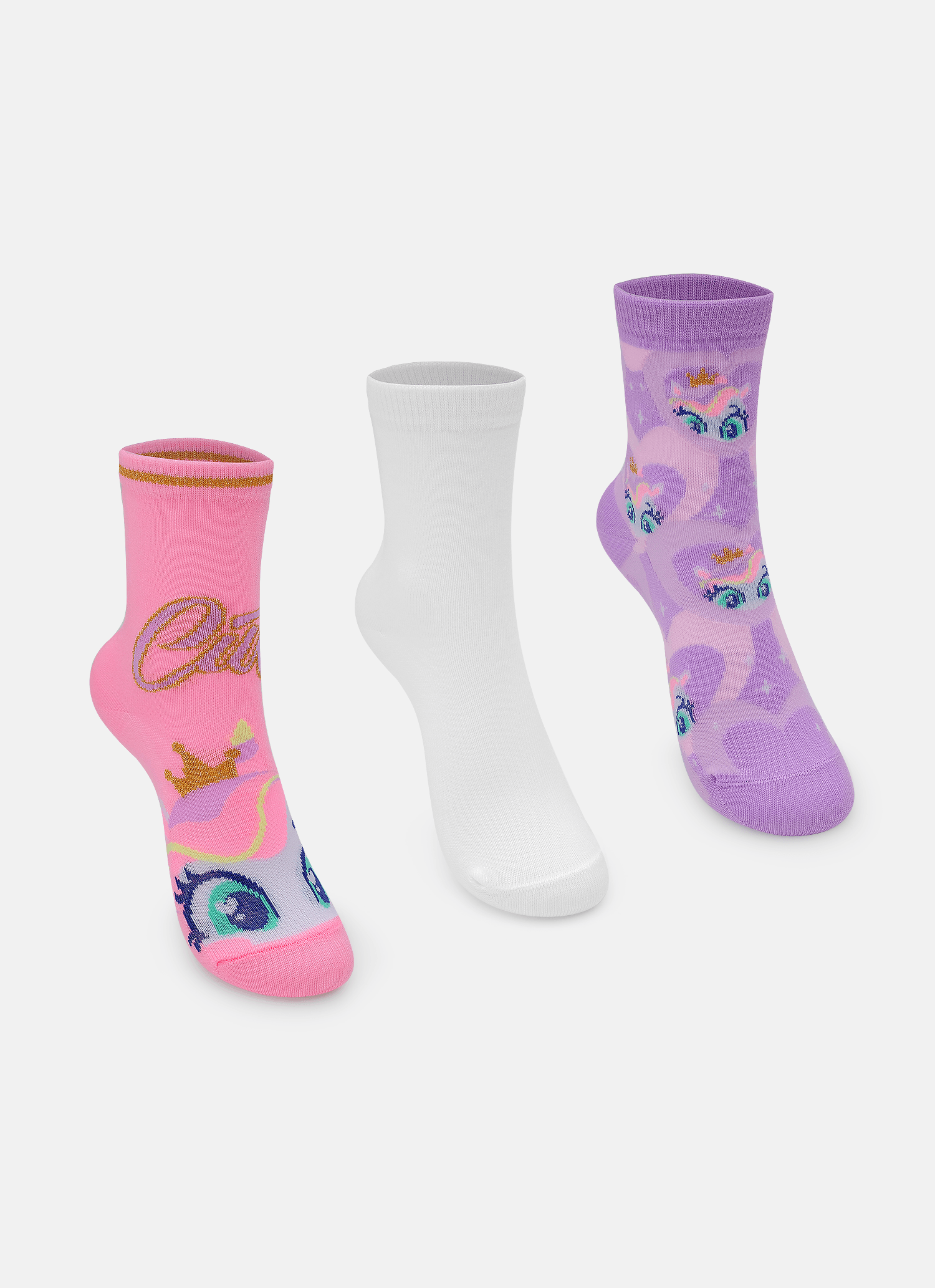 Kit com 3 Meias Soquete Menina Unicórnio Diamante