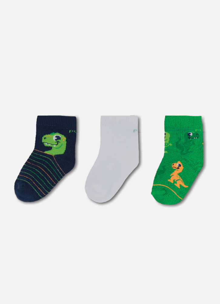Kit com 3 Meias Soquetes Bebê RN Menino Dinossauro