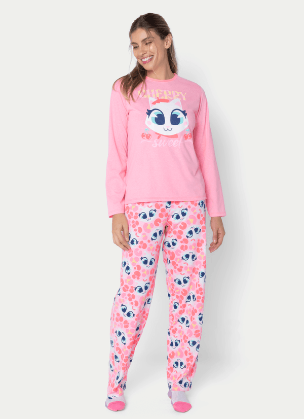 Pijama Manga Longa Feminino Gata Cereja GG