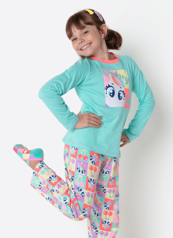 Pijama Manga Longa Algodão Menina Unicórnio Cherry