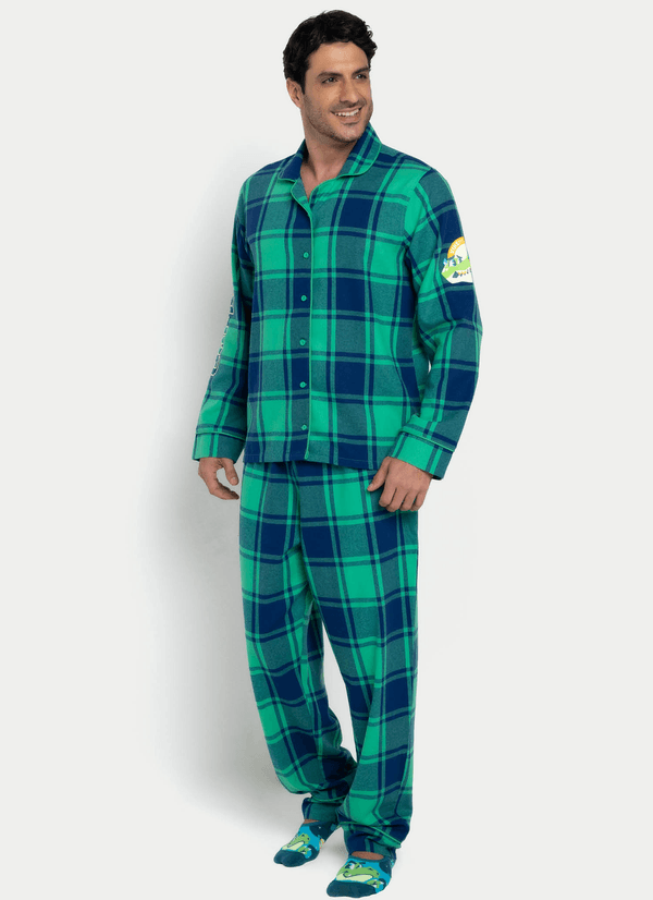 Pijama Manga Longa Flanela Masculino Dino Astronauta P
