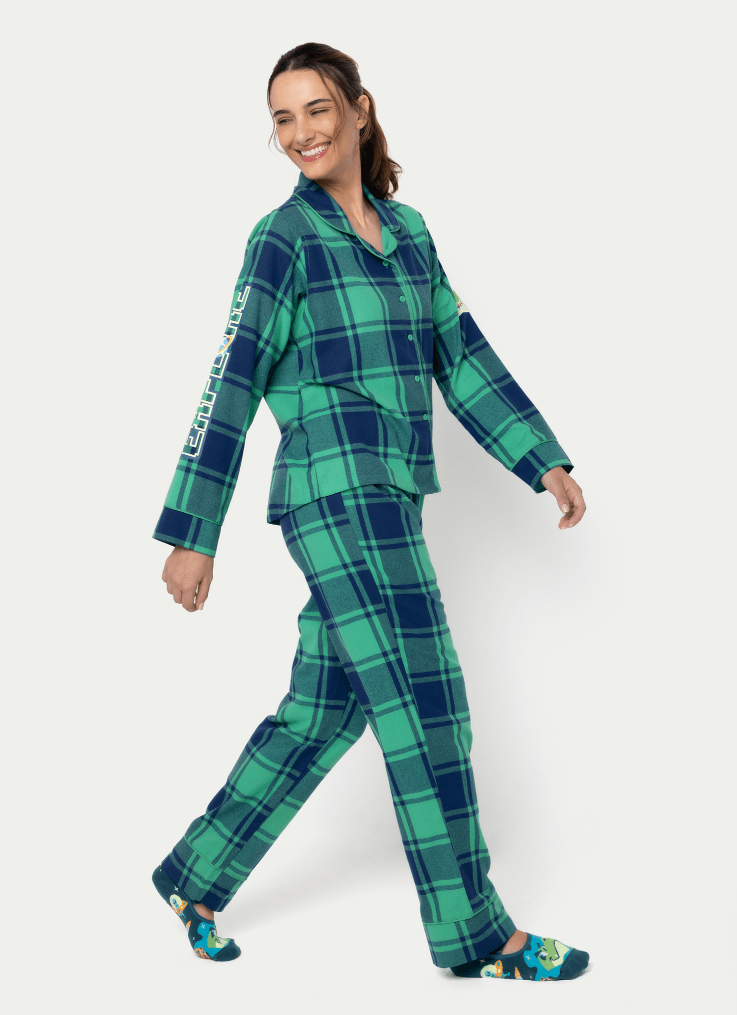 Pijama Manga Longa Flanela Feminino Dino Astronauta