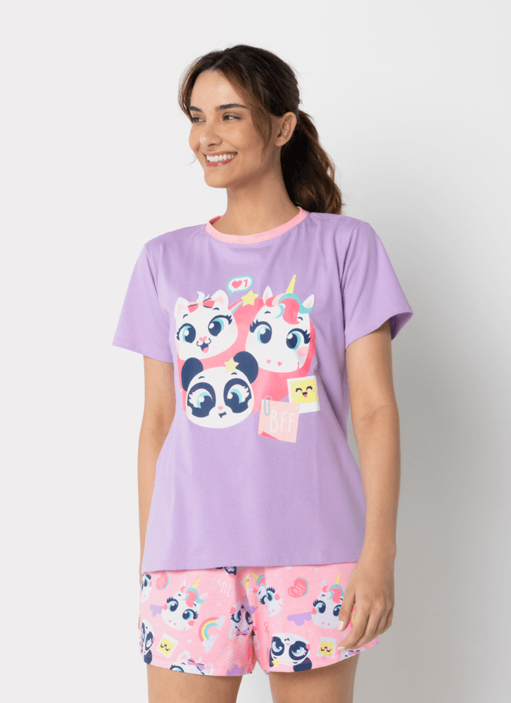 Pijama Manga Curta Algodão Feminino Multibichos Best Friend