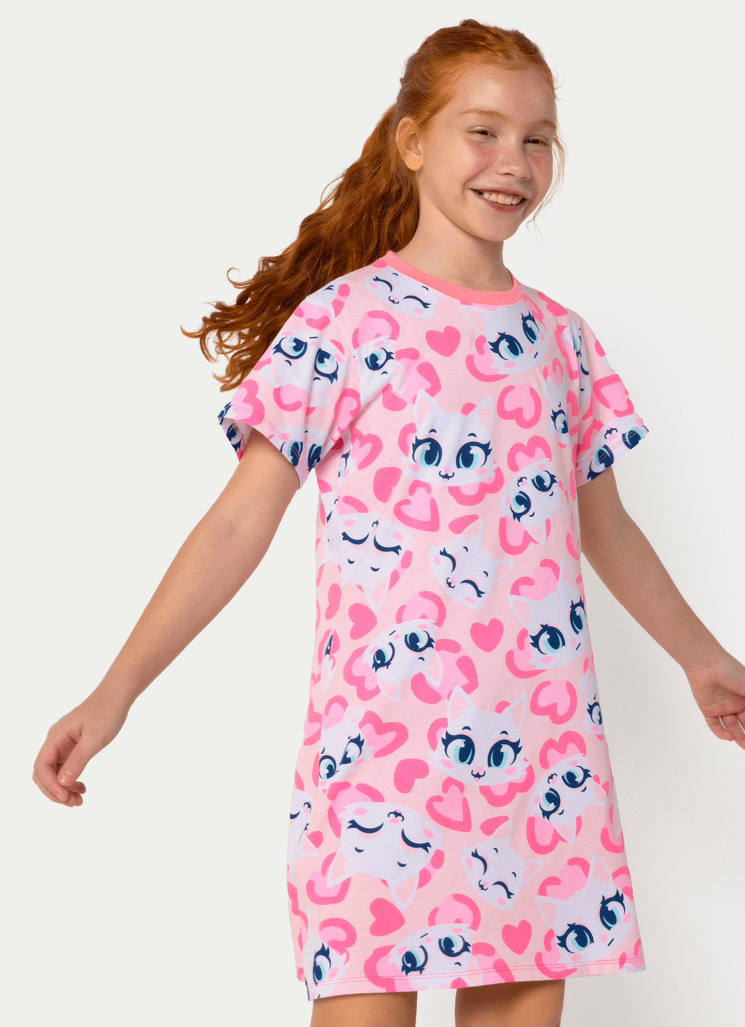 Camisola Manga Curta Algodão Menina Teen Gata Romântica