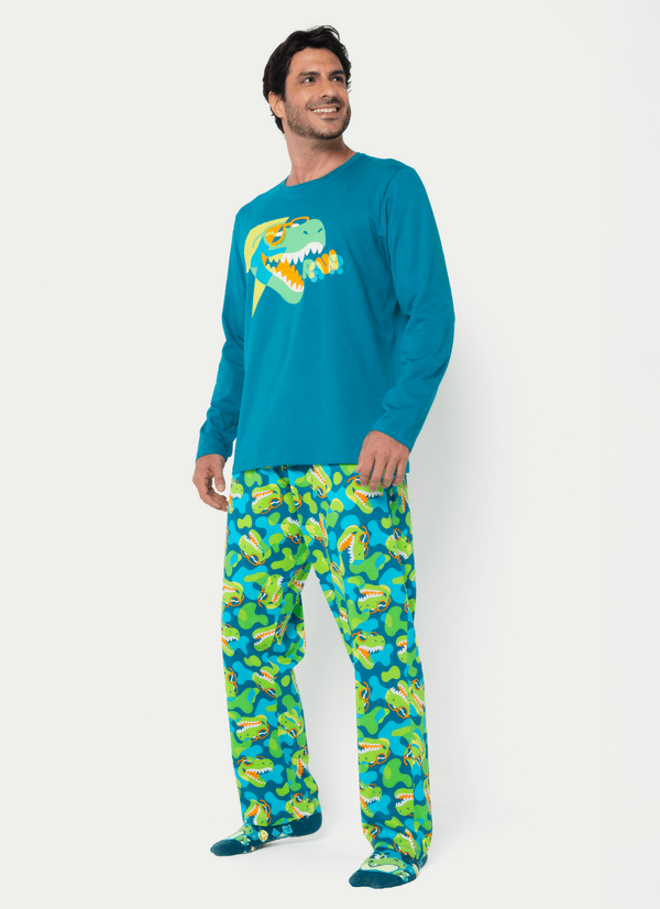 Pijama Manga Longa Algodão Masculino Dino PP