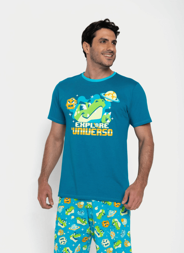 Pijama Manga Curta Algodão Masculino Dino Astronauta G