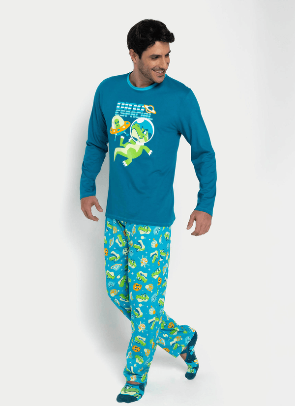 Pijama Manga Longa Algodão Masculino Dino Astronauta M