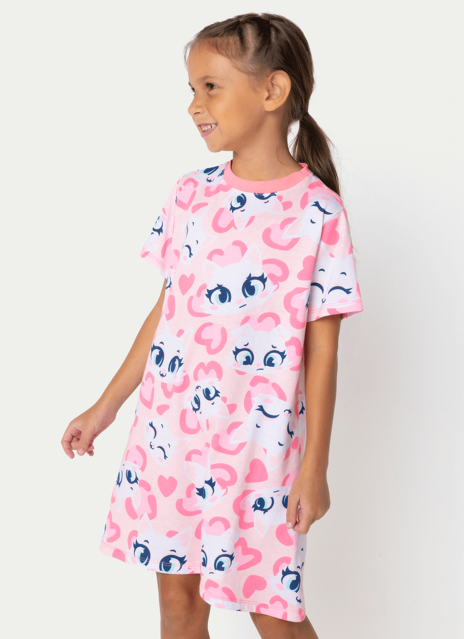 Camisola Manga Curta Algodão Menina Gata Cereja