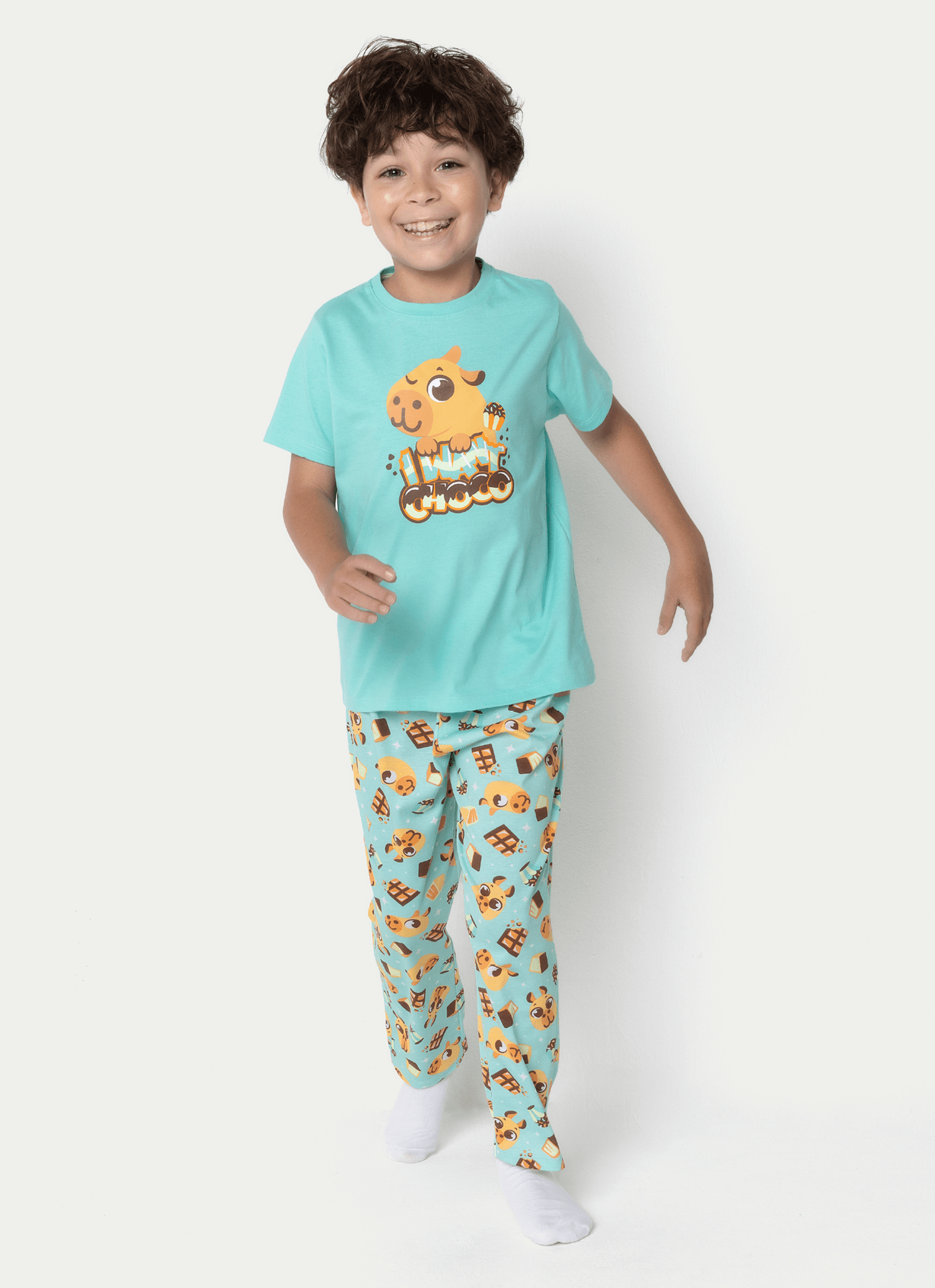 Pijama Manga Curta Algodão Menino Capivara Chocolate