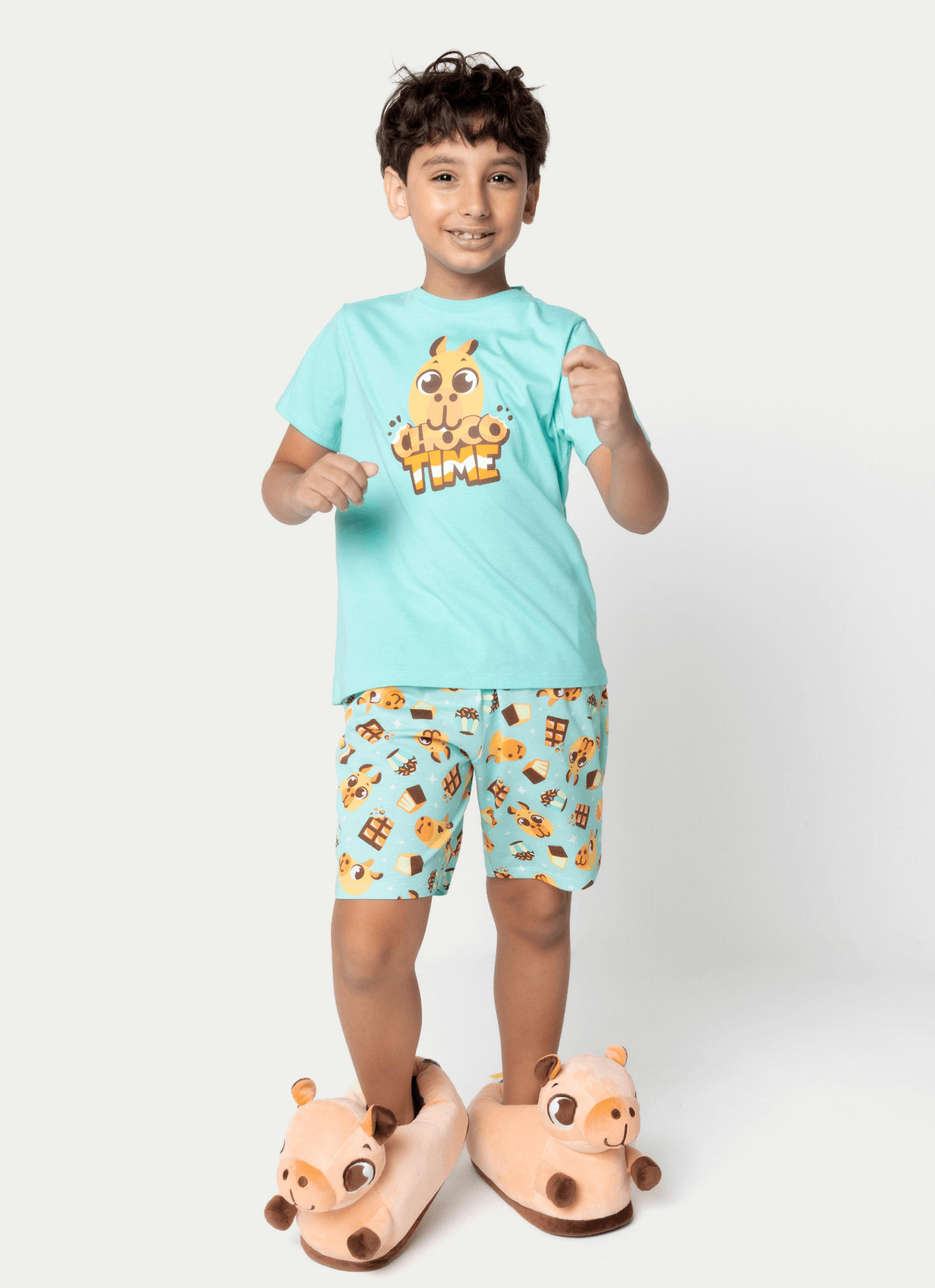 Pijama Manga Curta Algodão Menino Capivara Chocolate