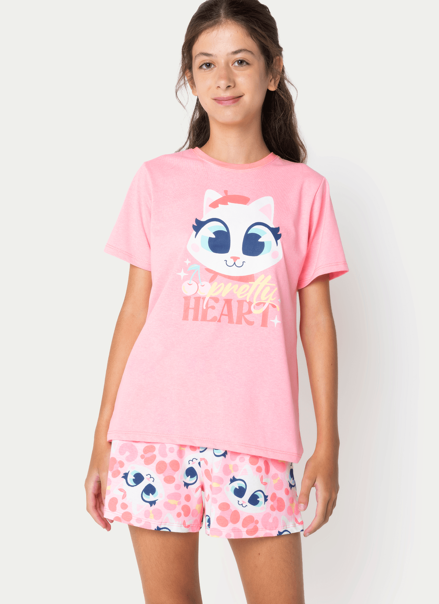 Pijama Manga Curta Menina Teen Gata Cereja