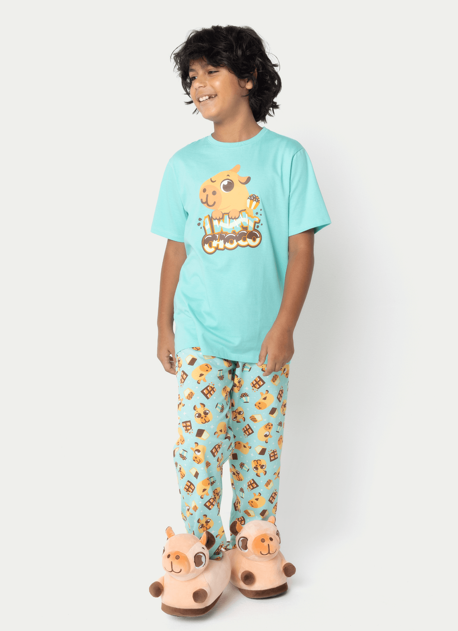 Pijama Manga Curta Algodão Menino Teen Capivara Chocolate